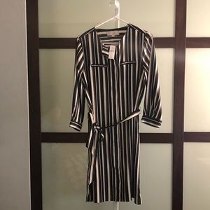 LOFT Black and White Vertical Striped Button Dress
